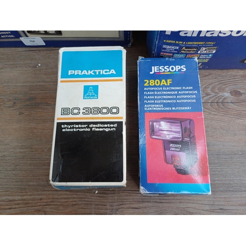 704 - Seven boxed items to include JVC and Panasonic digital camcorders, Praktica BC3600 flashgun, Jessop ... 