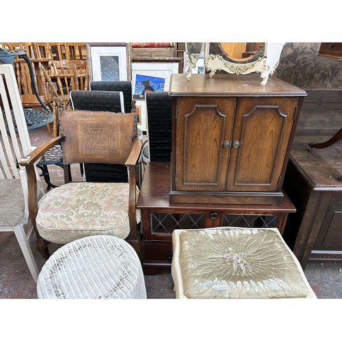 185 - Six pieces of furniture to include mid 20th century oak and leather back armchair, oak TV stand, Fre... 