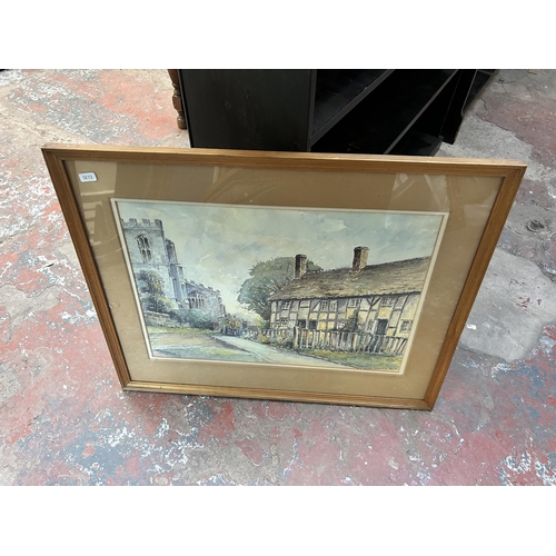 240 - Five items, four wall mirrors and one framed Astbury Cottages watercolour by N F Sharman