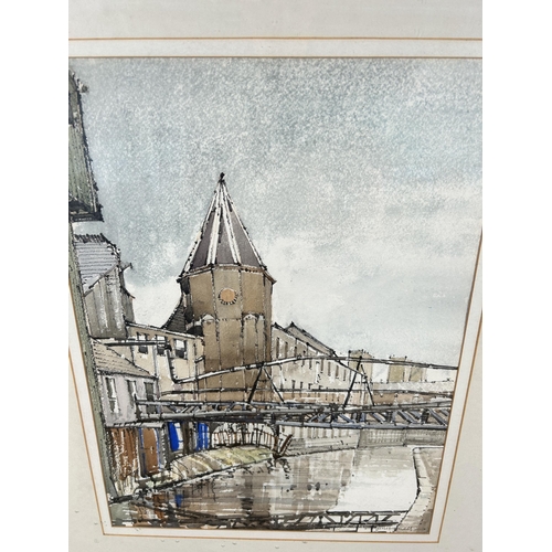 244 - A framed watercolour of a bridge and river scene, signed J Mitchell - approx. 61cm high x 49cm wide