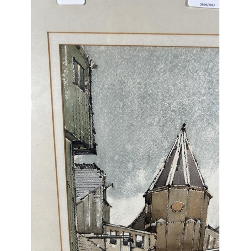 244 - A framed watercolour of a bridge and river scene, signed J Mitchell - approx. 61cm high x 49cm wide