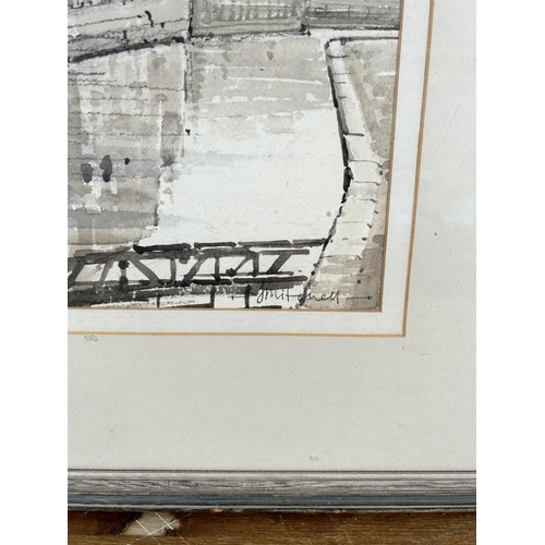 244 - A framed watercolour of a bridge and river scene, signed J Mitchell - approx. 61cm high x 49cm wide