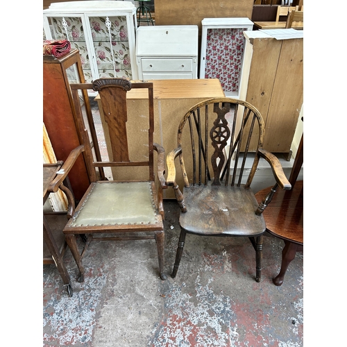 114 - Eleven pieces of house clearance furniture to include elm and beech wheelback carver dining chair, p... 