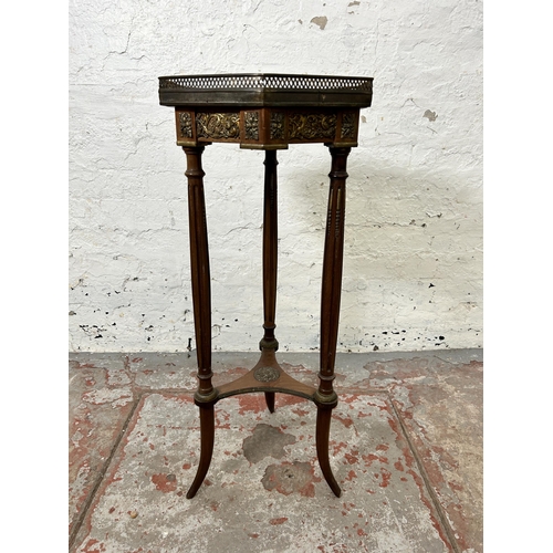 118 - A French Louis XV style mahogany and gilt metal hexagonal occasional table with pierced gallery top ... 