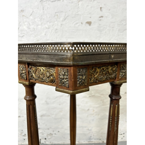 118 - A French Louis XV style mahogany and gilt metal hexagonal occasional table with pierced gallery top ... 