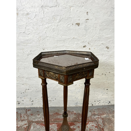 118 - A French Louis XV style mahogany and gilt metal hexagonal occasional table with pierced gallery top ... 