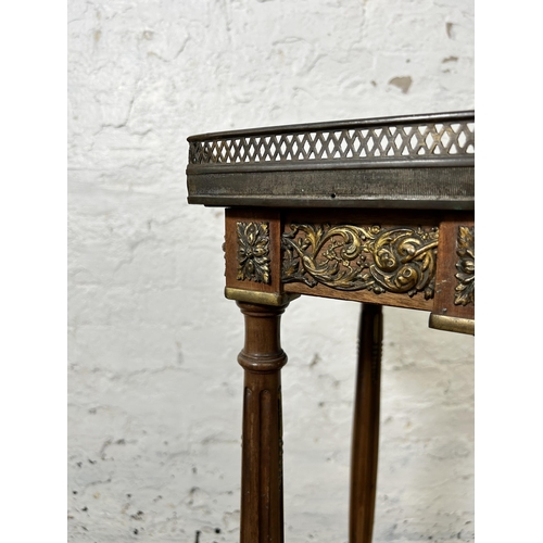 118 - A French Louis XV style mahogany and gilt metal hexagonal occasional table with pierced gallery top ... 