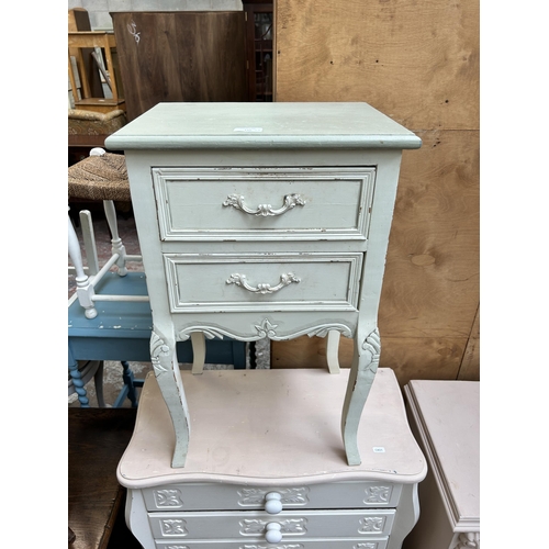 120 - Three pieces of French style painted furniture, chest of drawers, two drawer bedside table and three... 