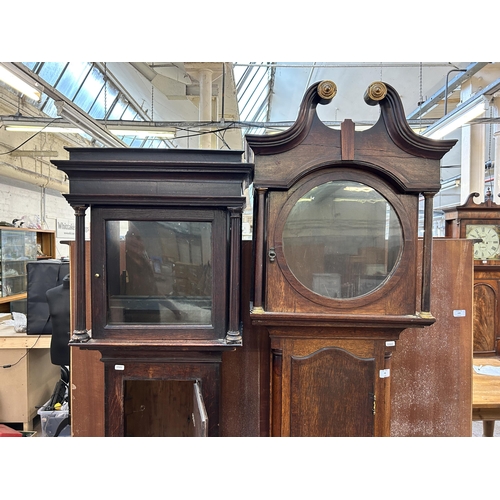 158 - Two Georgian oak cased grandfather clocks with accessories to include three faces and movements etc.