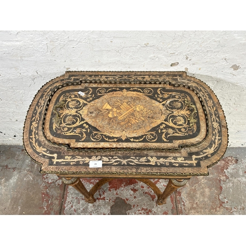 23 - A 19th century French marquetry inlaid amboyna planter side table with gilt metal decoration and flu... 