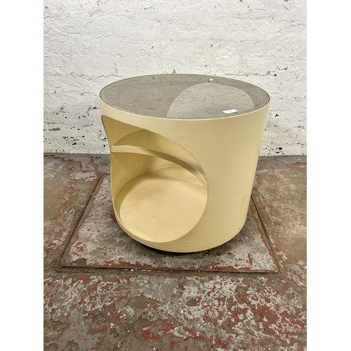 36 - A mid 20th century Space Age painted plywood circular side table with smoked glass insert - approx. ... 