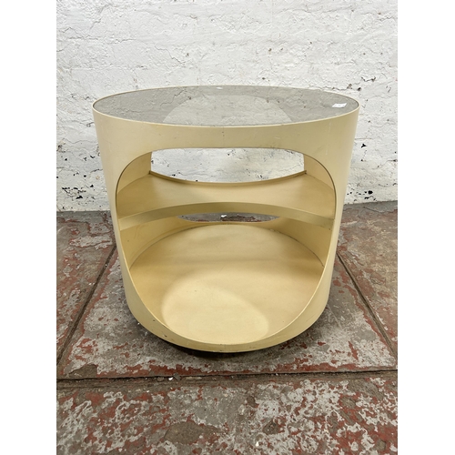 36 - A mid 20th century Space Age painted plywood circular side table with smoked glass insert - approx. ... 