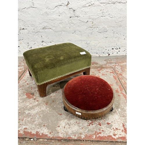 42 - Two late 19th/early 20th century footstools, one green fabric and mahogany and one red fabric and in... 