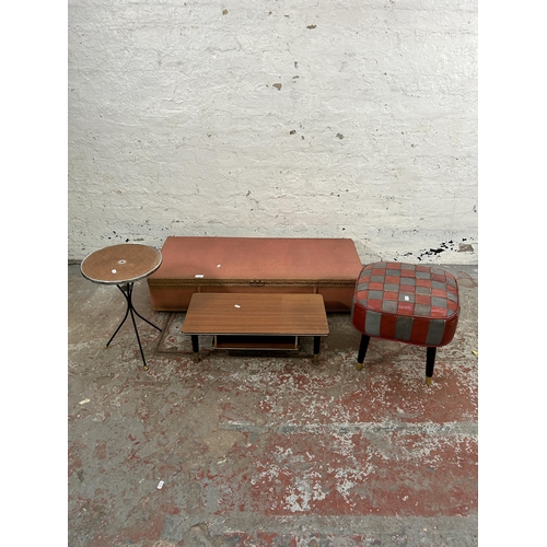 53 - Four pieces of mid 20th century furniture, two side tables, one red and grey vinyl footstool and one... 