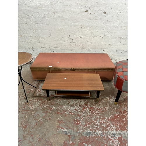 53 - Four pieces of mid 20th century furniture, two side tables, one red and grey vinyl footstool and one... 