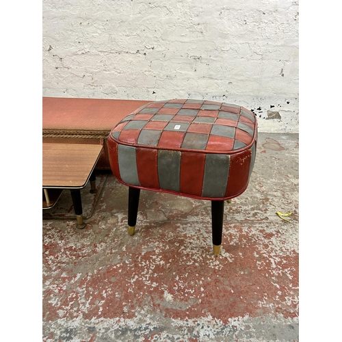 53 - Four pieces of mid 20th century furniture, two side tables, one red and grey vinyl footstool and one... 