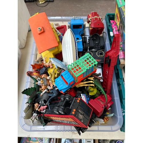 465 - Two boxes containing toys and games to include figurines, remote control vehicles, vintage Kerplunk,... 