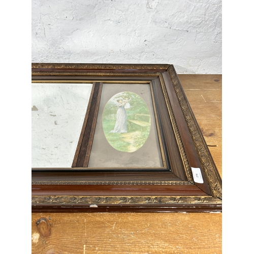 280 - An early 20th century framed three panel bevelled edge wall mirror with prints - approx. 61cm high x... 