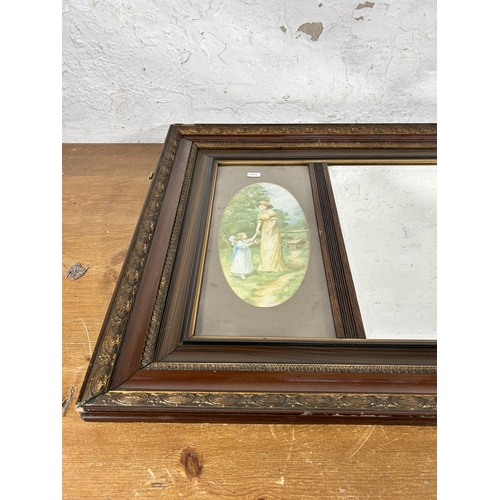 280 - An early 20th century framed three panel bevelled edge wall mirror with prints - approx. 61cm high x... 