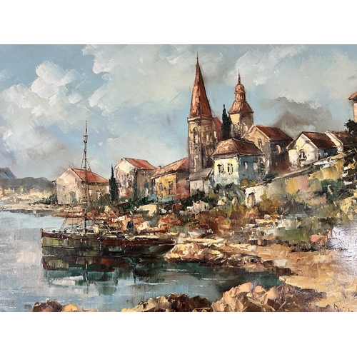 281 - A gilt framed Impressionist style oil on canvas of a boat and town scene, signed lower right - appro... 