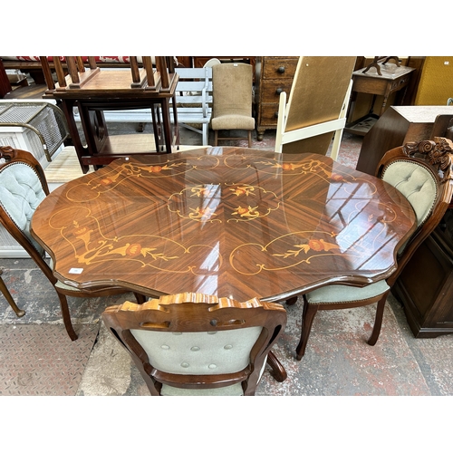 188 - An Italian Sorrento style inlaid walnut effect serpentine pedestal dining table and four chairs - ap... 