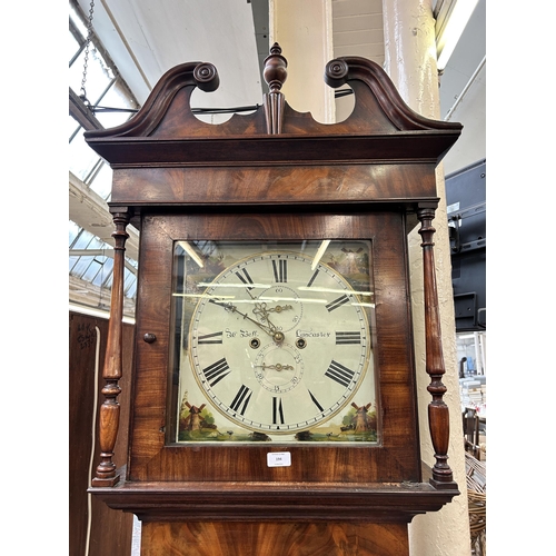 194 - A Georgian W. Bell Lancaster mahogany cased grandfather clock with hand painted enamel face, pendulu... 