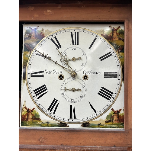 194 - A Georgian W. Bell Lancaster mahogany cased grandfather clock with hand painted enamel face, pendulu... 