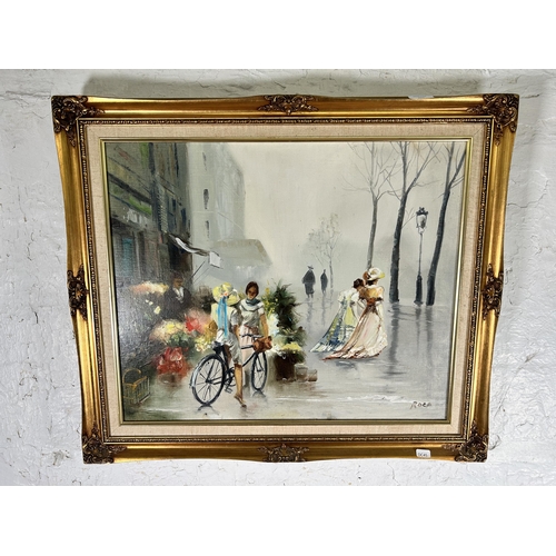 234 - A gilt framed oil on board signed Roca - approx. 63cm high x 73cm wide