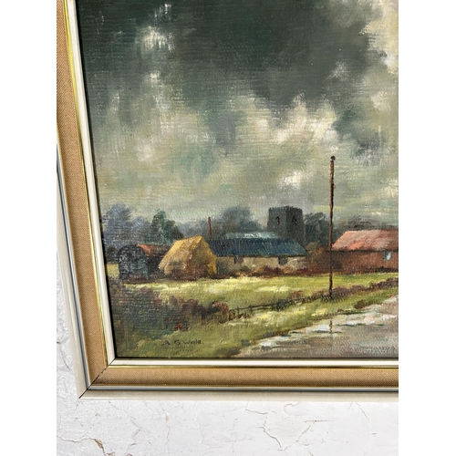 243 - A mid 20th century framed oil on board of a northern town scene, signed A. G. Wale - approx. 35cm hi... 