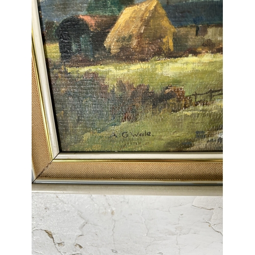 243 - A mid 20th century framed oil on board of a northern town scene, signed A. G. Wale - approx. 35cm hi... 