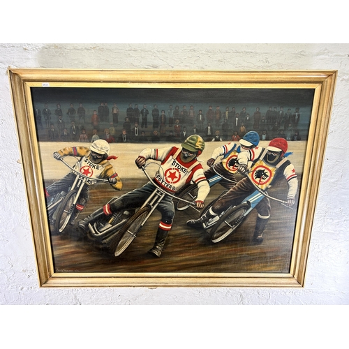 248 - A mid 20th century framed Arnold Stephenson Stoke Potters motorcycle speedway scene oil on canvas, d... 