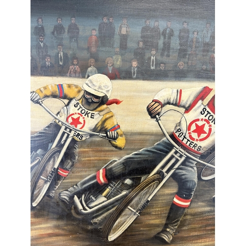 248 - A mid 20th century framed Arnold Stephenson Stoke Potters motorcycle speedway scene oil on canvas, d... 