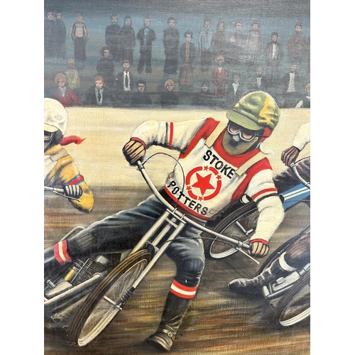 248 - A mid 20th century framed Arnold Stephenson Stoke Potters motorcycle speedway scene oil on canvas, d... 