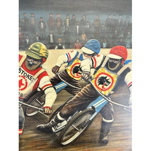 248 - A mid 20th century framed Arnold Stephenson Stoke Potters motorcycle speedway scene oil on canvas, d... 