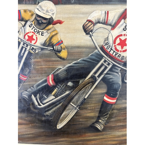 248 - A mid 20th century framed Arnold Stephenson Stoke Potters motorcycle speedway scene oil on canvas, d... 