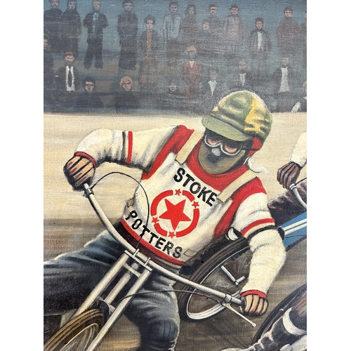 248 - A mid 20th century framed Arnold Stephenson Stoke Potters motorcycle speedway scene oil on canvas, d... 