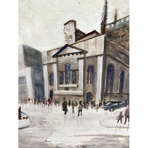 251A - A mid 20th century framed oil on canvas depicting a street scene,  signed lower right and dated 1971... 