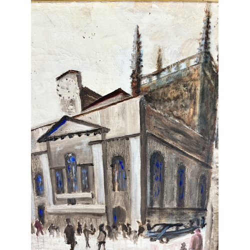 251A - A mid 20th century framed oil on canvas depicting a street scene,  signed lower right and dated 1971... 