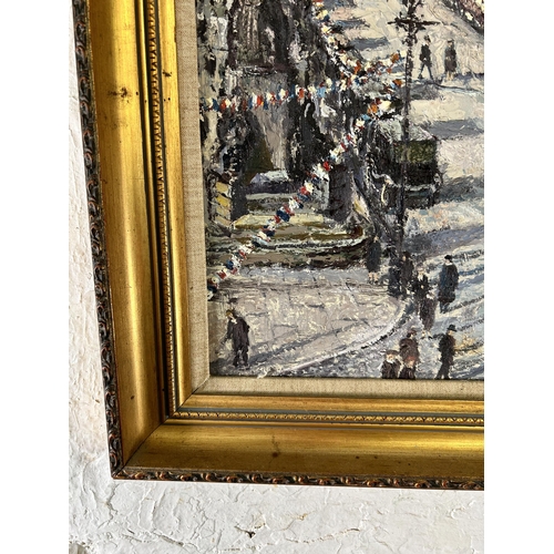 251B - A gilt framed Arthur Delaney style oil on board - approx. 65cm high x 75cm wide