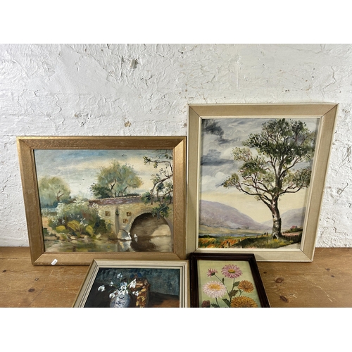 262 - Four framed oil paintings to include floral still life, signed SK and dated 1920, landscape scene, s... 