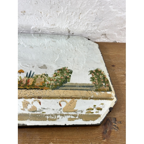 265 - A vintage frameless bevelled edge wall mirror with hand painted crinoline lady scene - approx. 33cm ... 