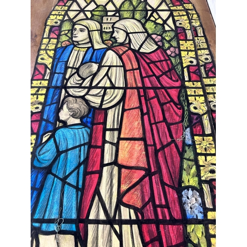 266 - Two unframed watercolours of arched stained glass windows - approx. 183cm high x 70cm wide