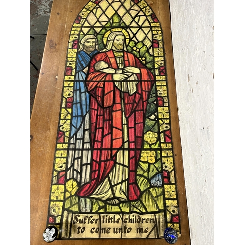 266 - Two unframed watercolours of arched stained glass windows - approx. 183cm high x 70cm wide