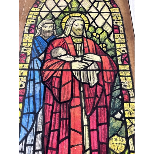 266 - Two unframed watercolours of arched stained glass windows - approx. 183cm high x 70cm wide