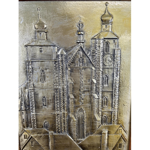 277A - A framed Münster cathedral wall plaque signed H M - approx. 52cm high x 38cm wide