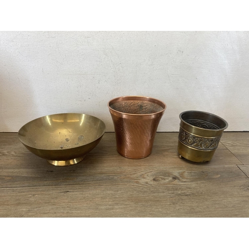 421 - Six pieces of copper and bronze ware to include 48cm pitcher, two Art Deco style bowls etc.