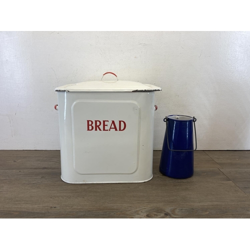 425 - Two mid 20th century enamelled items, one lidded bread bin and one milk can - bread bin approx. 35cm... 