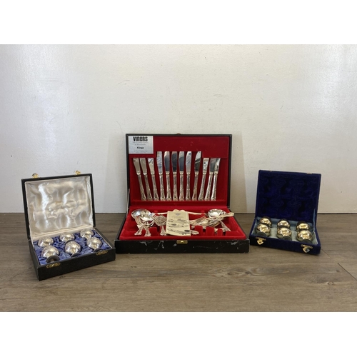 431 - Three cased silver plated tableware sets, two six piece miniature goblets and one Viners with cutler... 