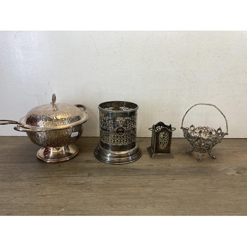 438 - A collection of antique and later metalware to include Art Nouveau silver plated candle holder, Vine... 