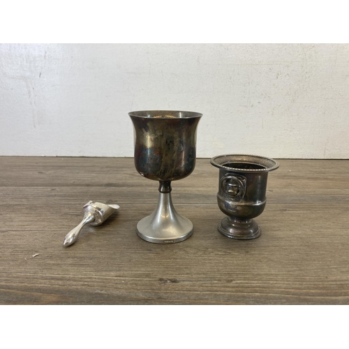 438 - A collection of antique and later metalware to include Art Nouveau silver plated candle holder, Vine... 